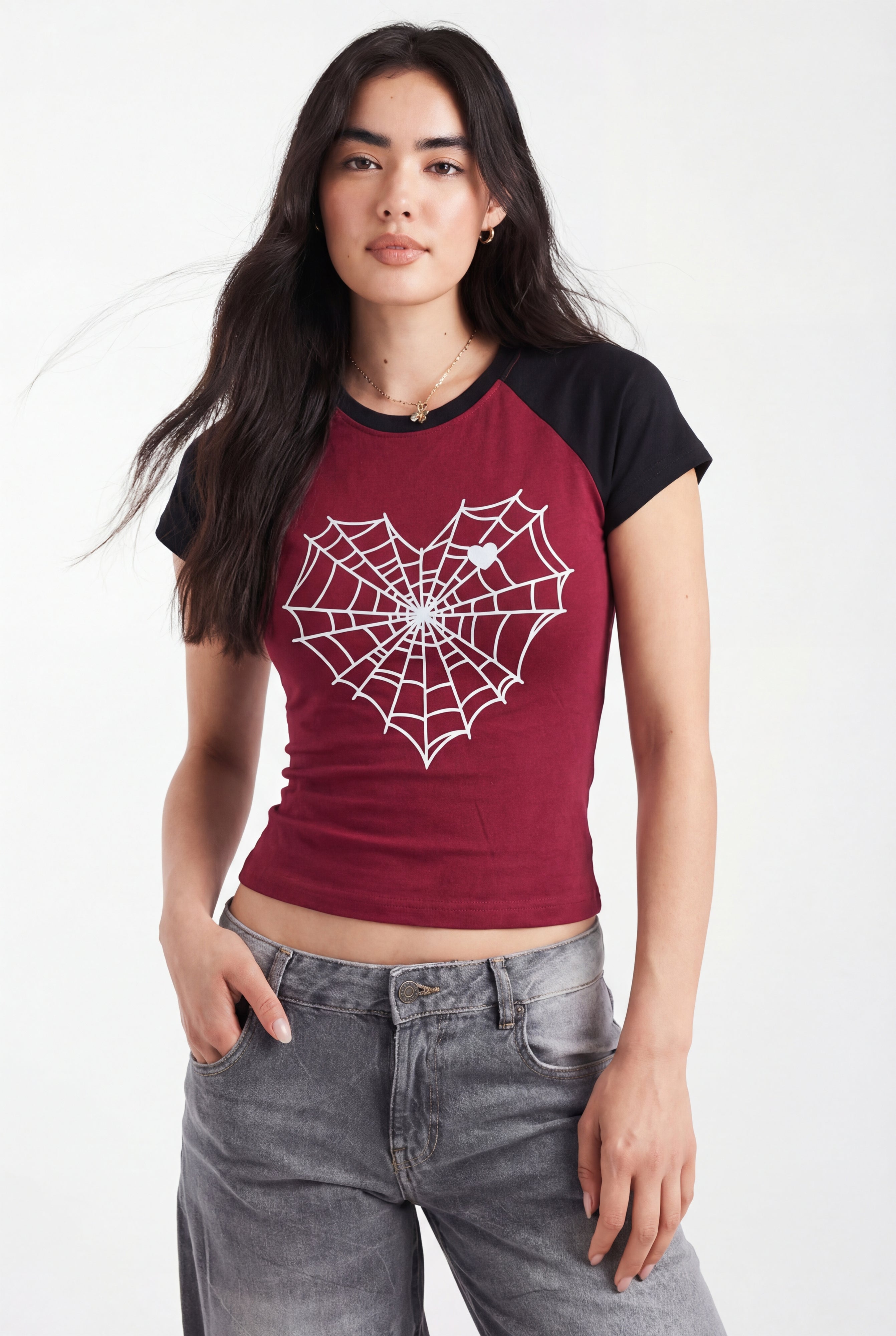 SPIDER WEB HEART RAGLAN CROP TOP