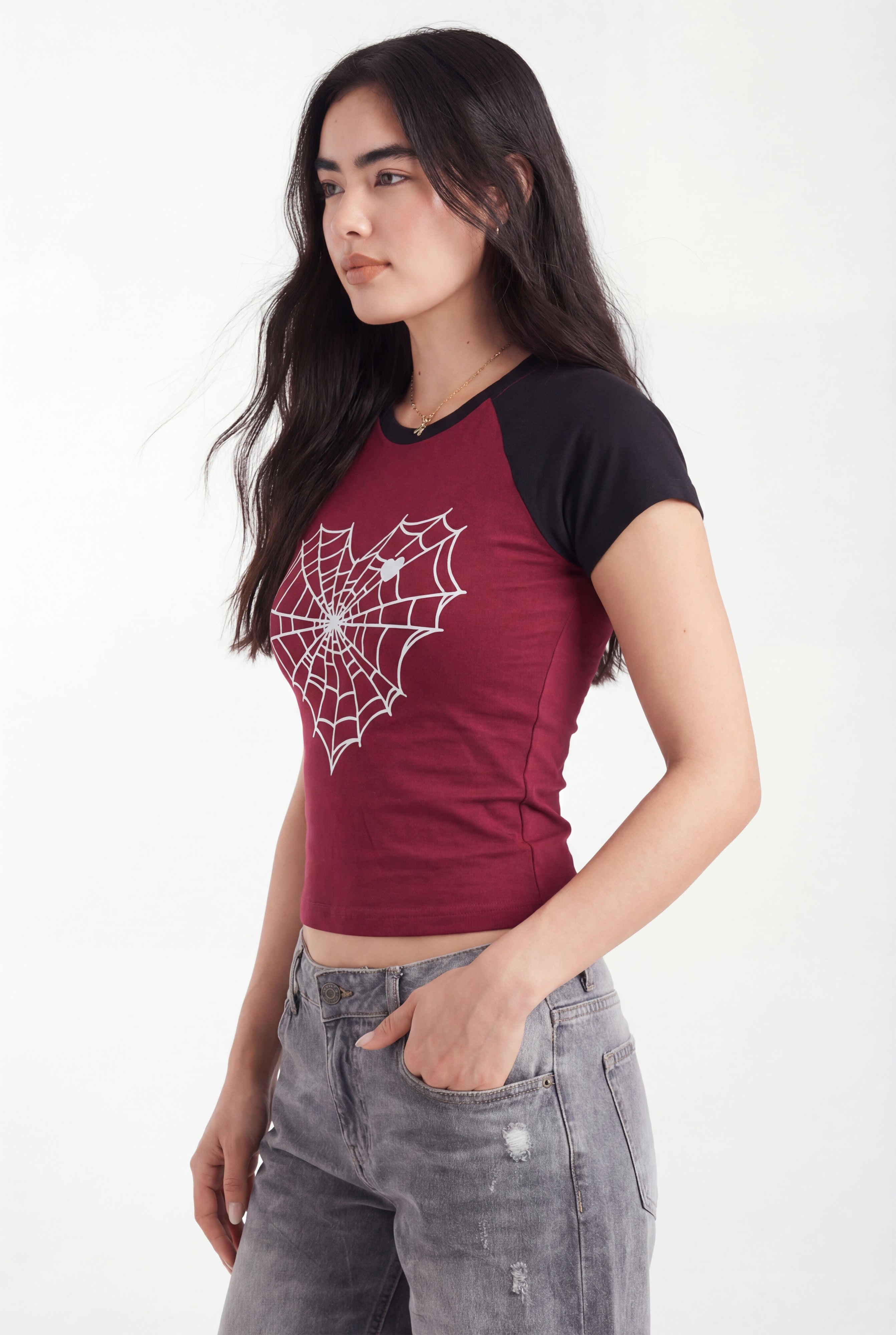 SPIDER WEB HEART RAGLAN CROP TOP